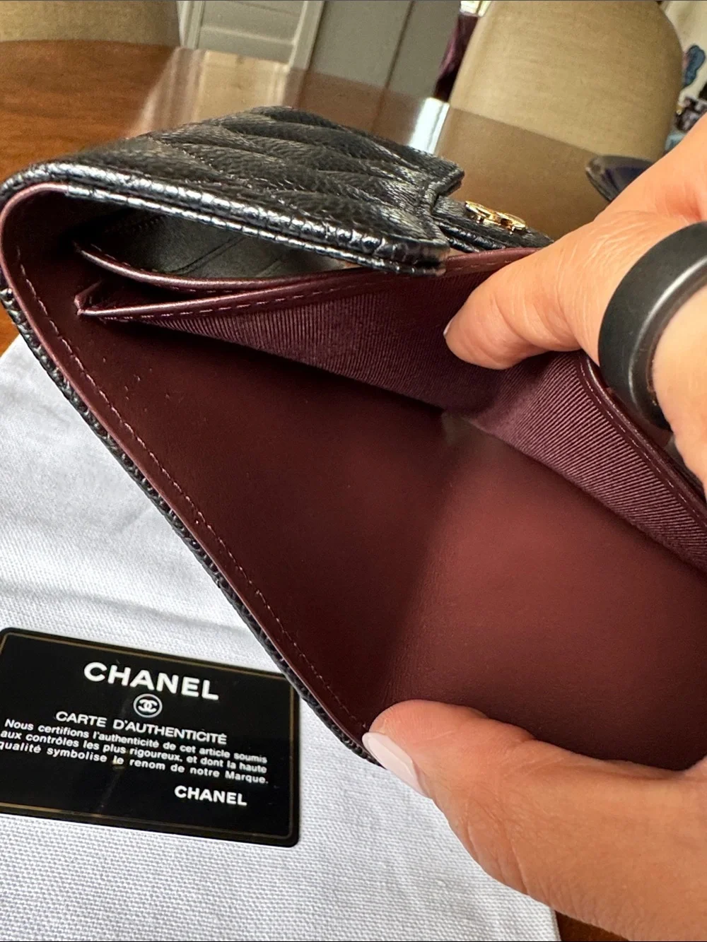 CHANEL Black Quilted Caviar Leather Wallet with Gold CC